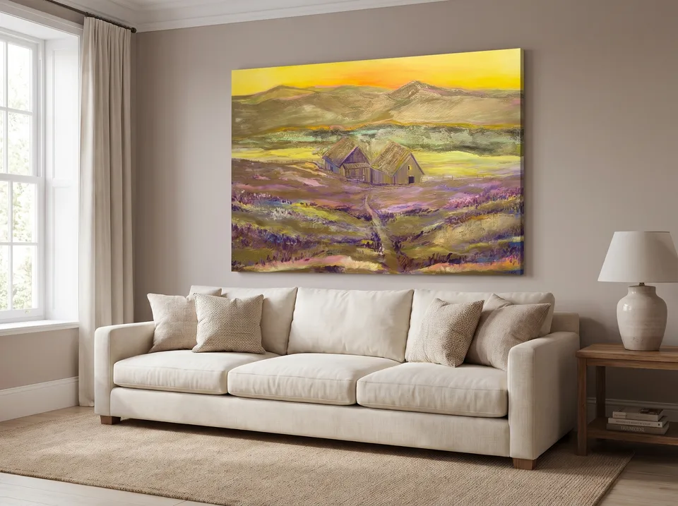 Painting Warm Horizon by Marianna Nerozna placed in proportion above a sofa