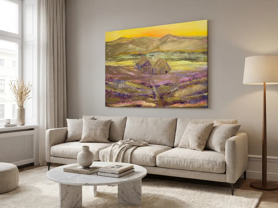 Painting Warm Horizon by Marianna Nerozna in a balanced living room with diffused natural light